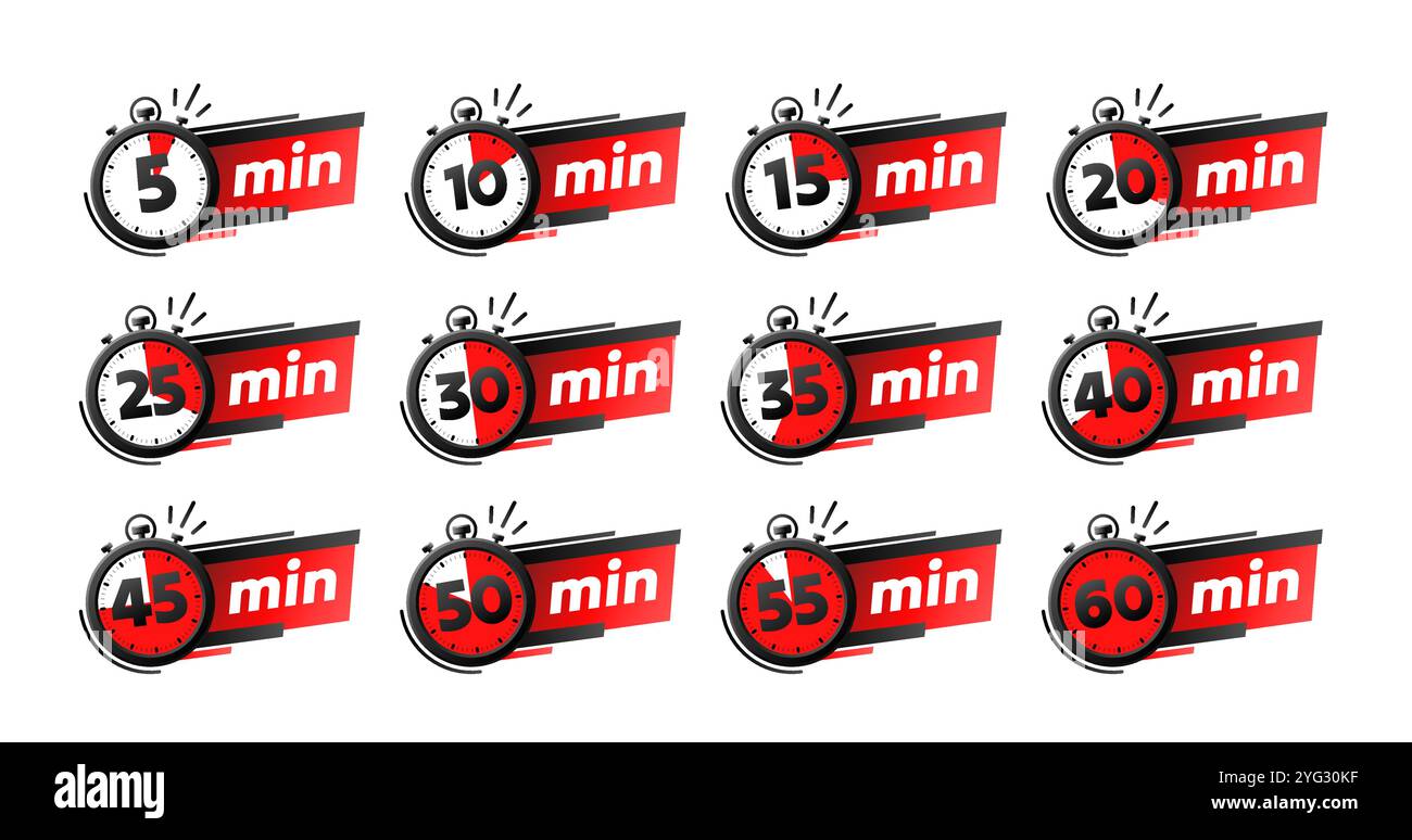 Set di timer, 5, 10, 15, 20 minuti sulla mano del timer. Vettore Illustrazione Vettoriale