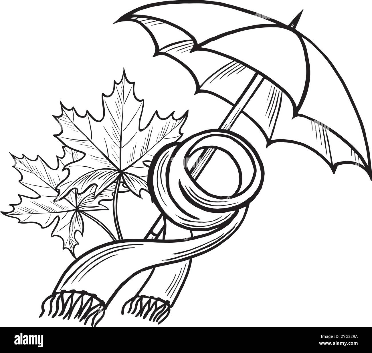 Ombrello con sciarpa di lana avvolta e foglie d'acero. Accogliente composizione autunnale. Illustrazione vettoriale disegnata a mano isolata. Sistemazione per le piogge autunnali Illustrazione Vettoriale