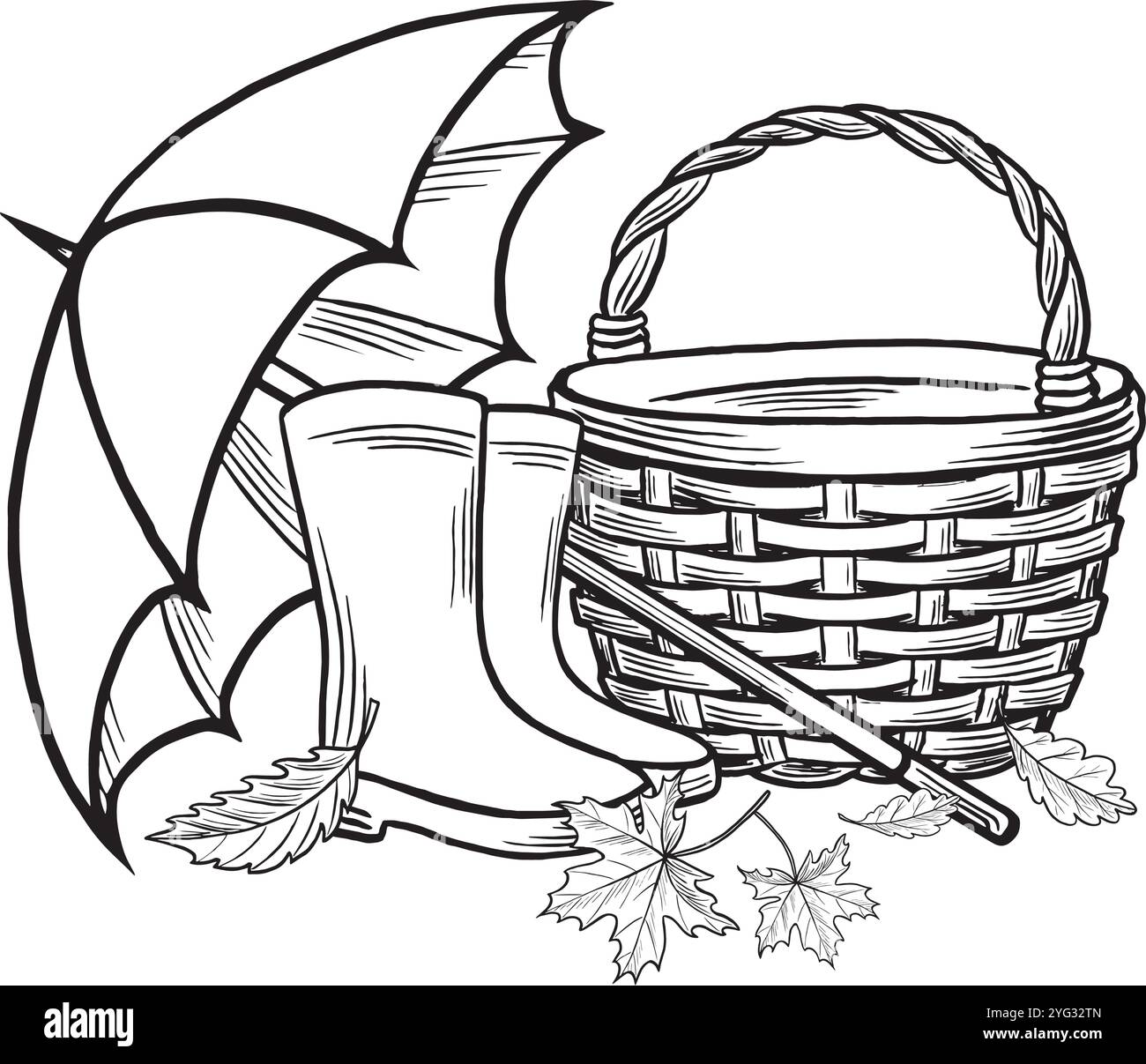 Cestino in vimini con stivali in gomma, ombrello e foglie. Piacevole schizzo di composizione autunnale. Illustrazione della linea vettoriale, disegnata a mano isolata. Bianco e nero Illustrazione Vettoriale