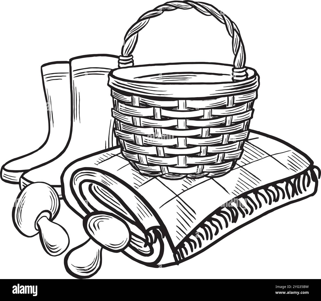 Cestino in vimini con stivali in gomma, coperta e funghi. Piacevole schizzo di composizione autunnale. Illustrazione della linea vettoriale, disegnata a mano isolata. Bianco e nero Illustrazione Vettoriale