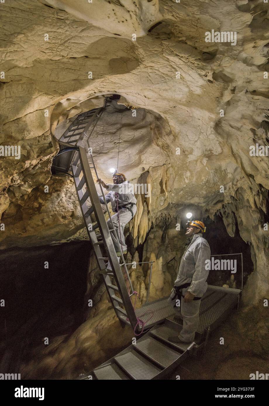 L'ACCESSO ALLA GROTTA AVVIENE ATTRAVERSO UNA "FALDA" DOTATA DI SCALA, CORDA DI RAPPEL E GANCIO A SCATTO. SULLA SCALA, JEAN CLOTTES, CAPO DELLO STUDIO SCIENTIFICO DELLA Foto Stock