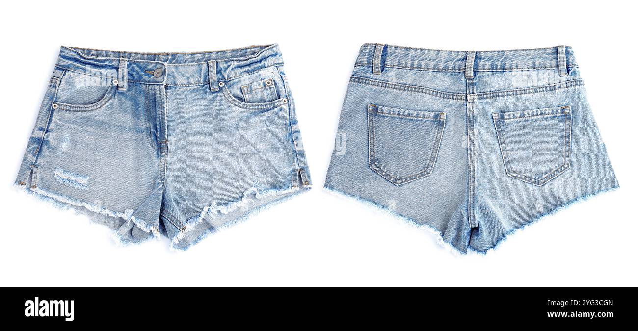 Pantaloncini Jean isolati sul bianco, sul retro e sul davanti Foto Stock