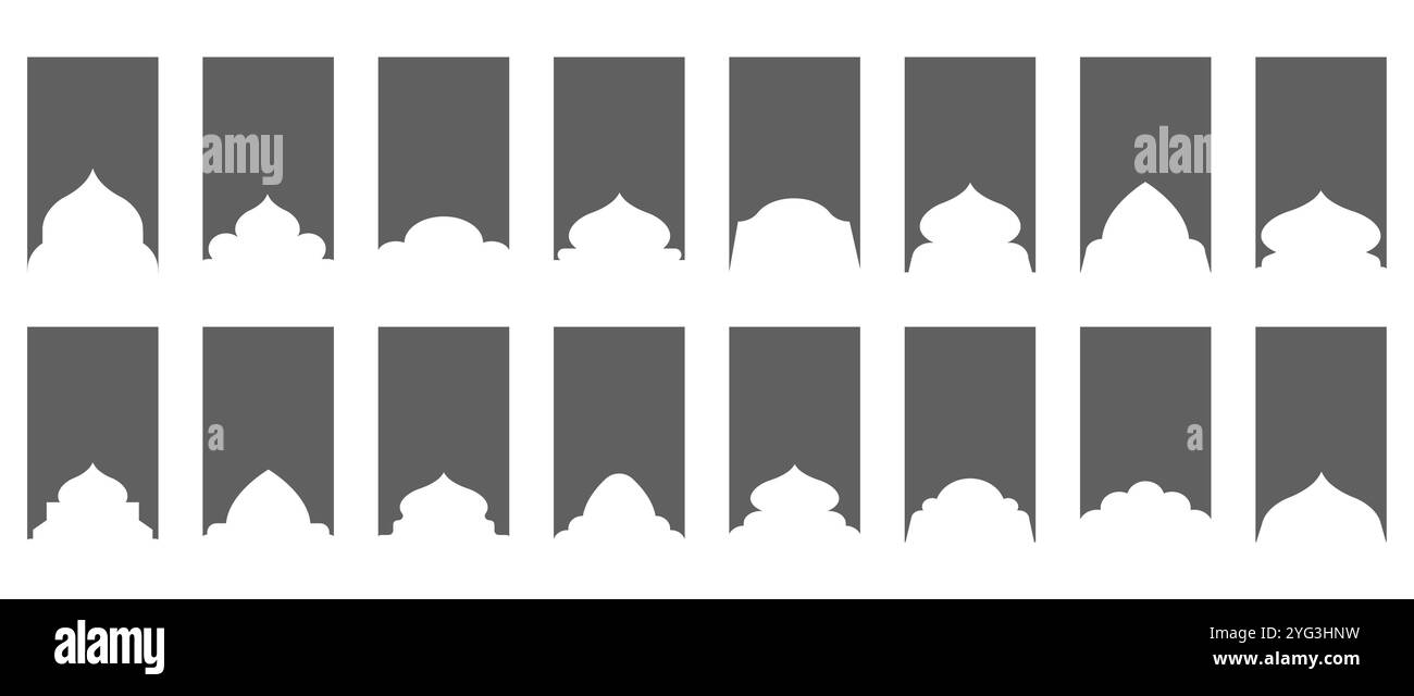 Finestre ad arco islamico. Architettura indiana. Silhouette della porta araba nera. Telai Ramadan kareem. Illustrazione vettoriale tradizionale Illustrazione Vettoriale