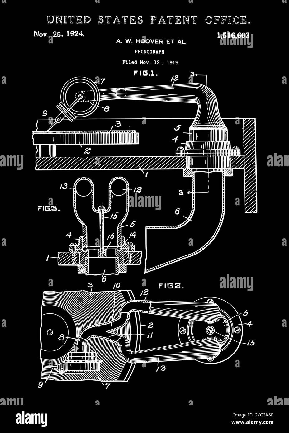 1919 Phonograph Patent, il brevetto è stato rilasciato dall'Ufficio brevetti degli Stati Uniti. Illustrazione Vettoriale