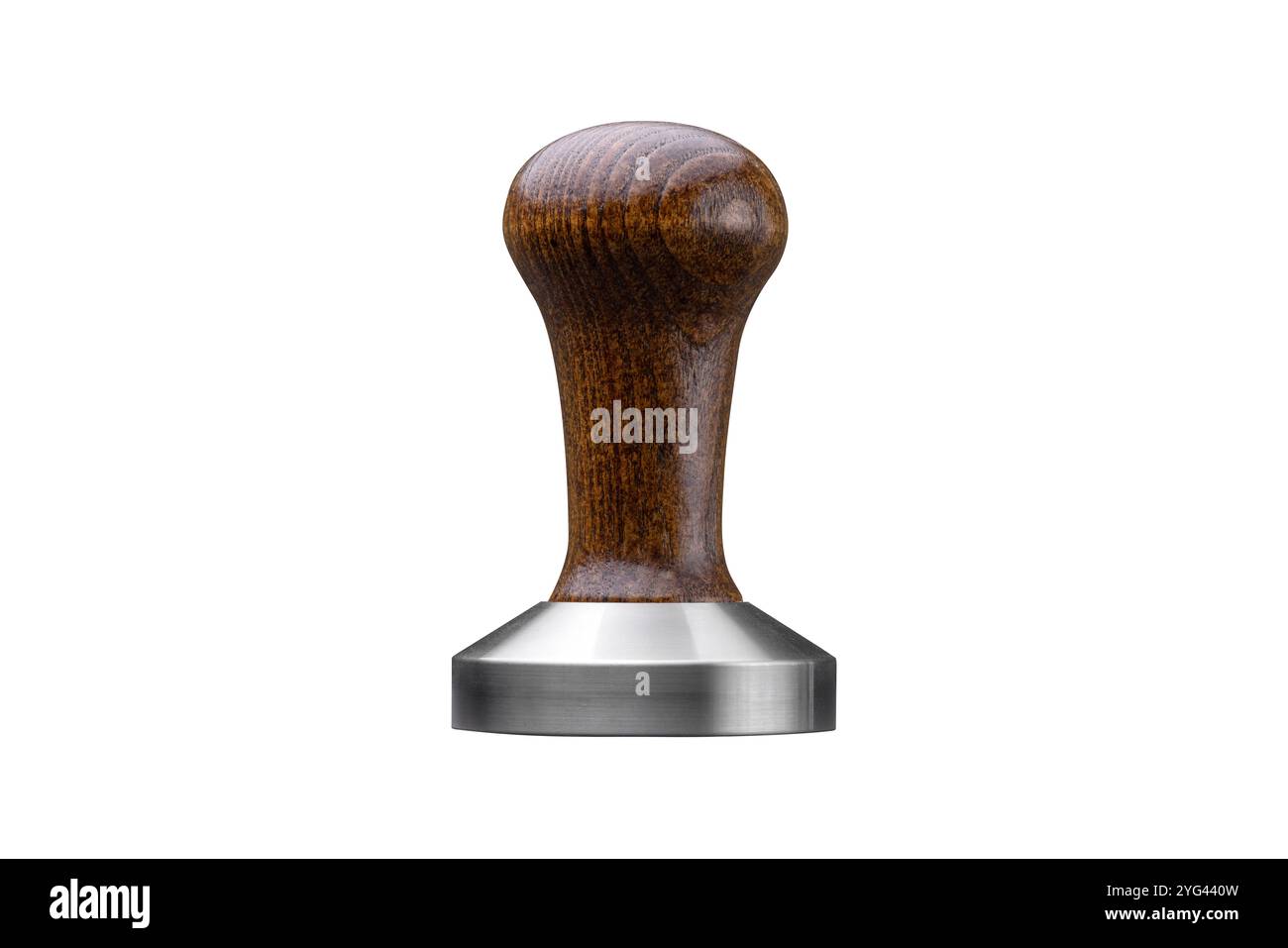 Tamper espresso con manico in legno isolato su bianco Foto Stock