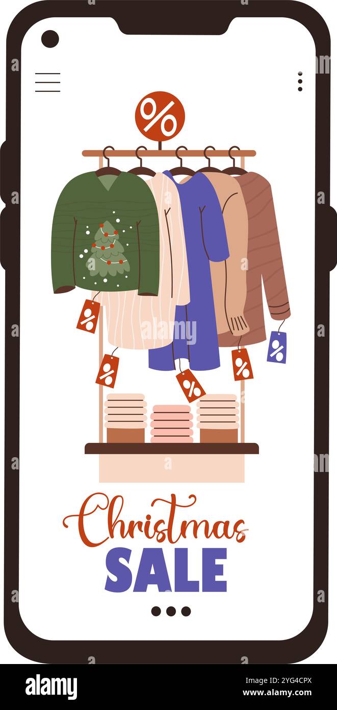 Saldi di Natale. Shopping online. Capodanno Shop rack con abiti alla moda e brutto maglione natalizio con albero su appendiabiti al telefono. Illustrazione vettoriale. Illustrazione Vettoriale