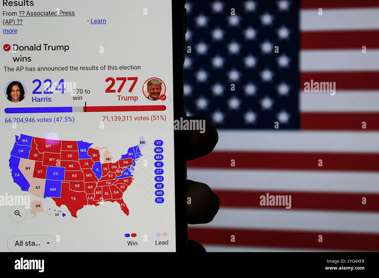 Bandung, Giava Occidentale, Indonesia. 6 novembre 2024. Un uomo possiede uno smartphone che mostra il sito web del voto elettorale mentre attende il conteggio dei voti elettorali statunitensi del 2024 tra Donald Trump e Kamala Harris a Bandung, Indonesia. Gli elettori americani sono andati alle urne per determinare il 47° presidente degli Stati Uniti. I sondaggi nelle ultime settimane hanno indicato una corsa serrata tra la candidata presidenziale democratica, il vicepresidente Kamala Harris, e la candidata presidenziale repubblicana, l'ex presidente Donald Trump, per succedere al presidente Joe Biden alla Casa Bianca. (Immagine di credito: © Algi February Sugita/ZUMA Press Foto Stock