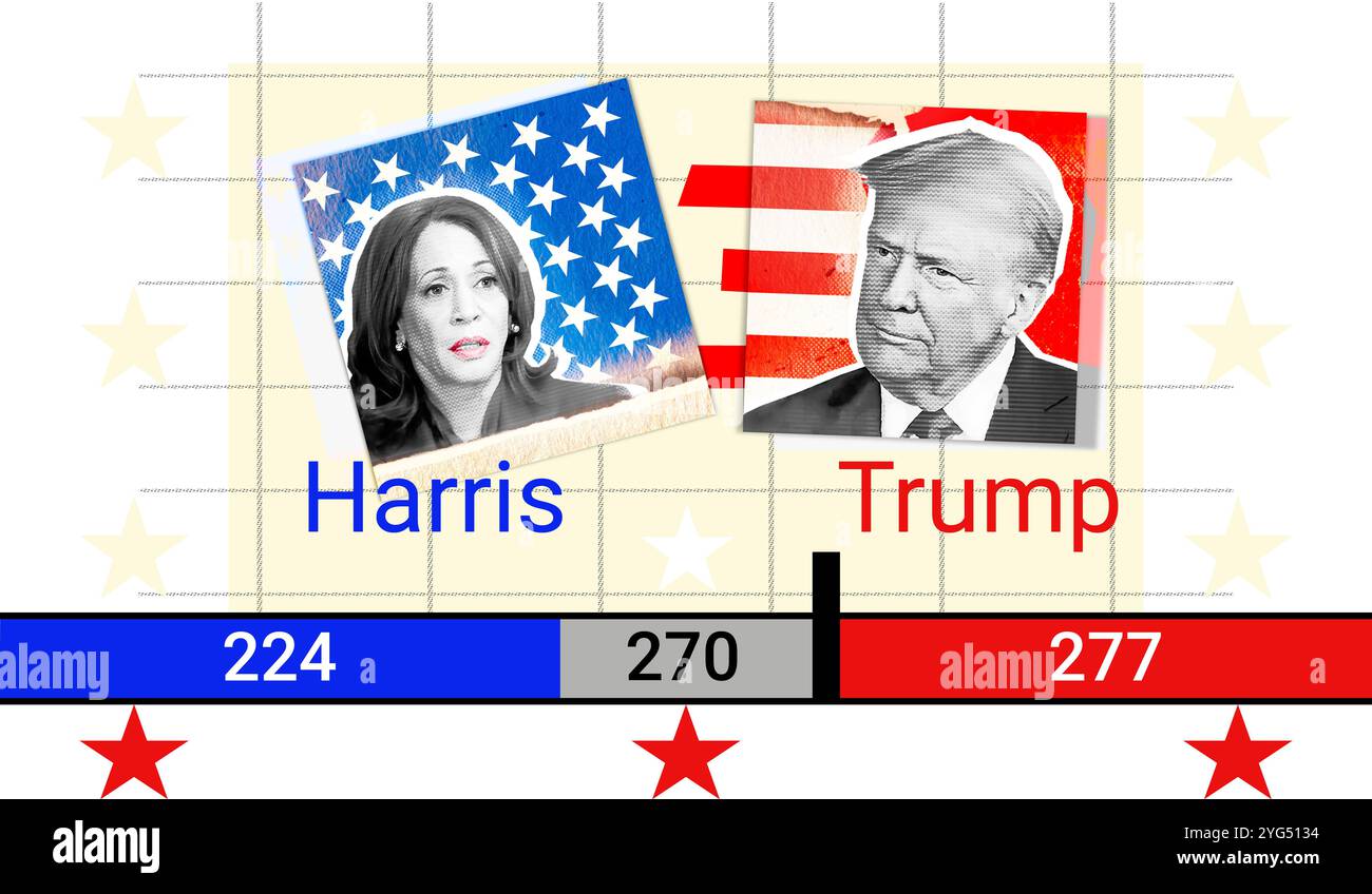 Ritratto di Donald Trump e Kamala Harris. Collage fotografico illustrativo con effetto mezzitoni. Collage illustrativi per la United Stat del 2024 Foto Stock