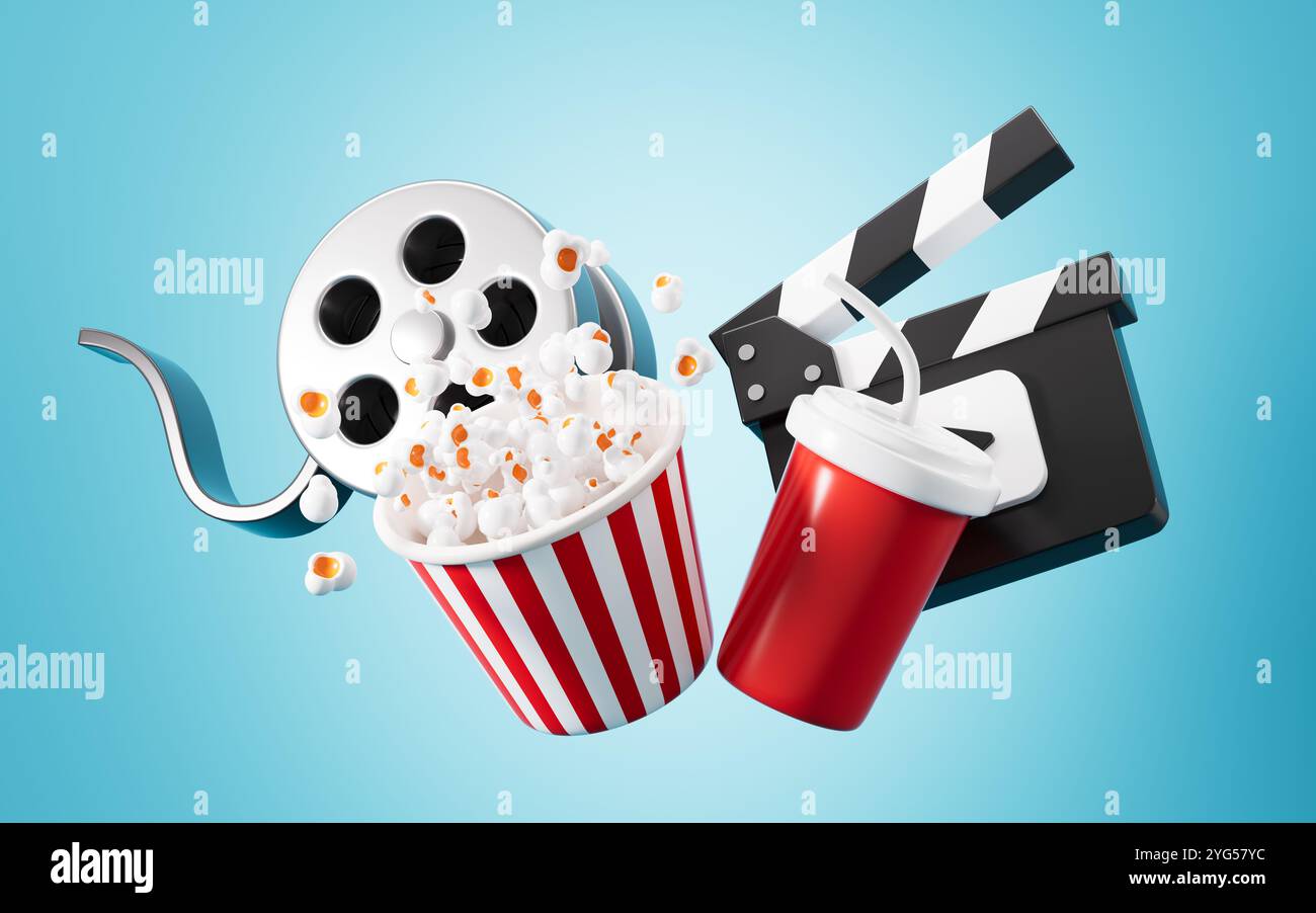 Film cartoni animati, popcorn, tavoletta e bevande su sfondo blu, rendering 3d. illustrazione 3d. Foto Stock