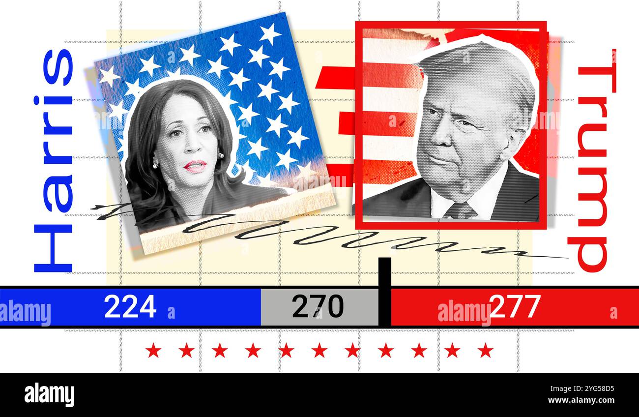 06 novembre ,2024 risultati delle elezioni presidenziali. Ritratto di Donald Trump e Kamala Harris. Foto Stock