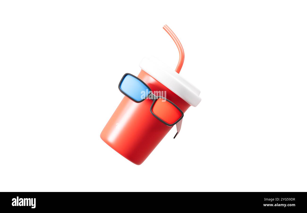 Cartoon cola indossa un paio di occhiali 3d, guarda il concept del film, rendering 3d. illustrazione 3d. Foto Stock