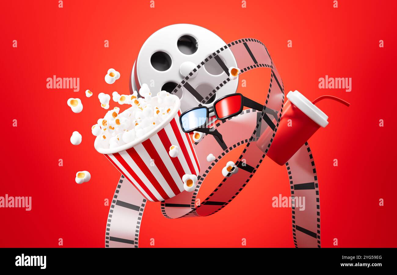 Pop corn, film reel, drink, bicchieri 3d su sfondo rosso, concept di film online, rendering 3d. illustrazione 3d. Foto Stock