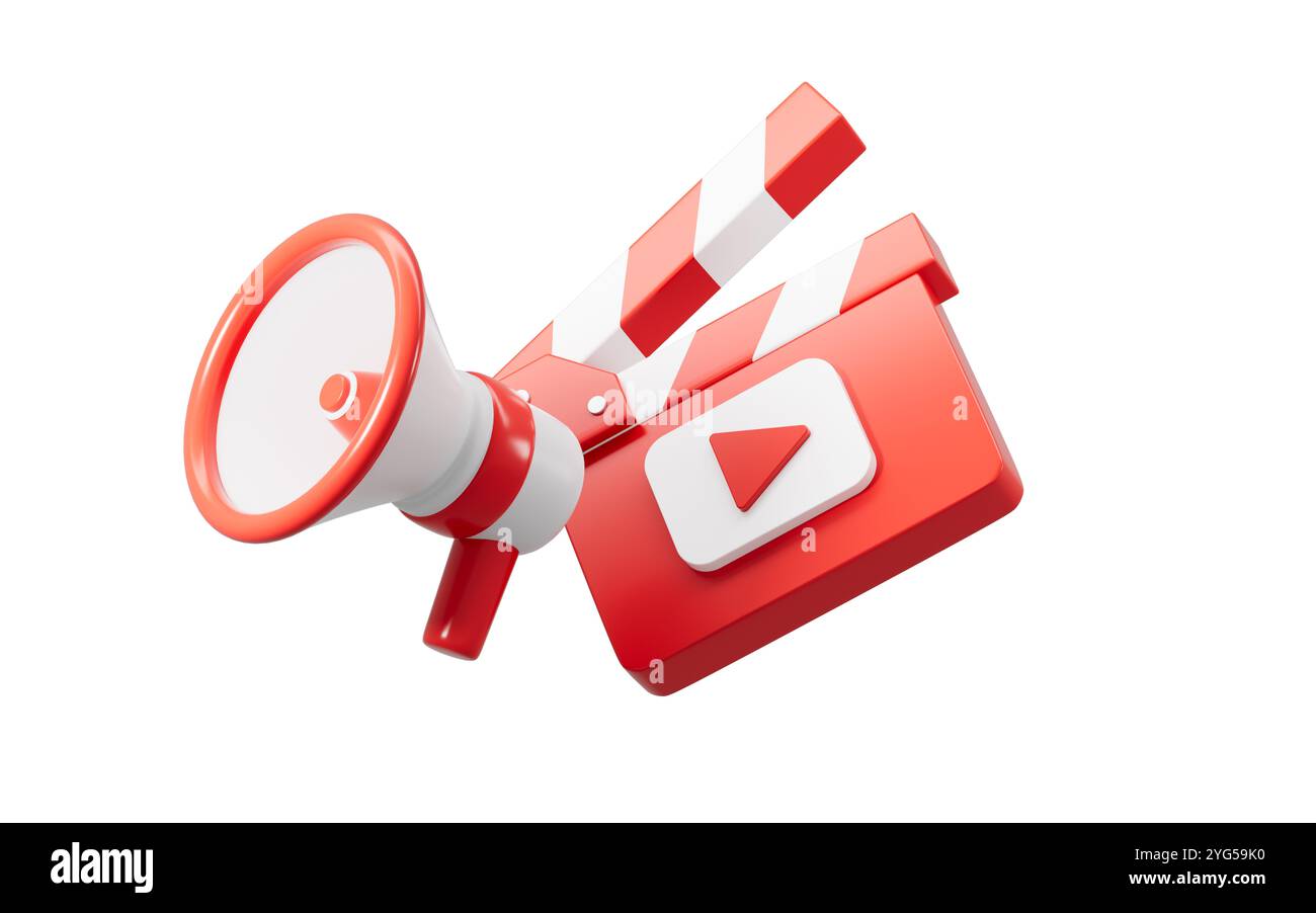 Lavagna e microfono dei cartoni animati, concetto di ripresa cinematografica, rendering 3d. illustrazione 3d. Foto Stock