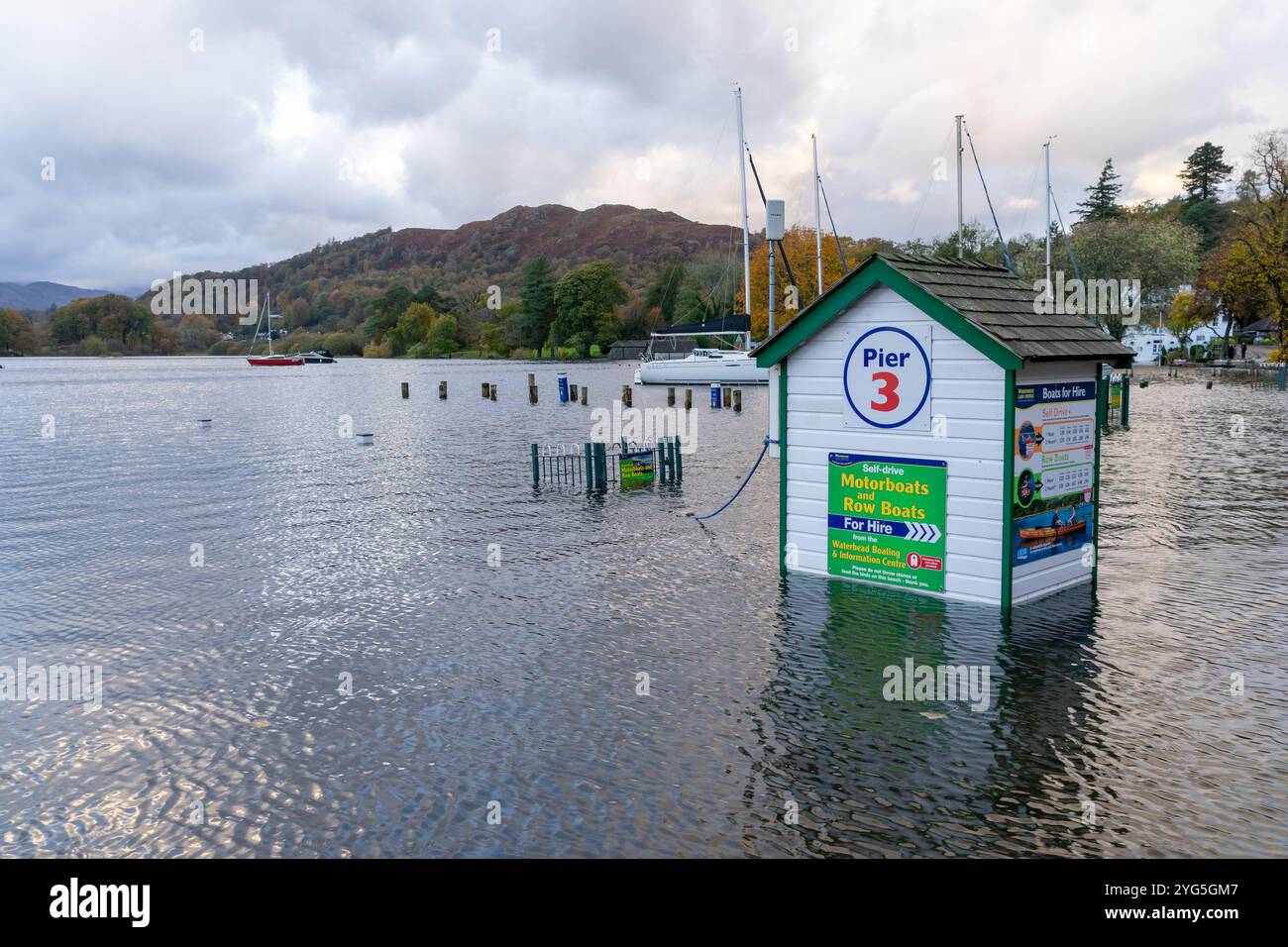 L'acqua alta sul lago Windermere mostra attracchi per barche per metà allagate, un molo sott'acqua e anche una biglietteria parzialmente sott'acqua. Foto Stock