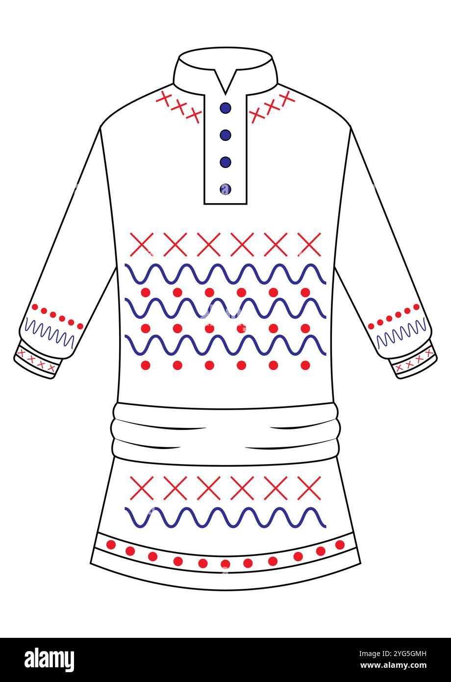 Abito tradizionale con motivi Clipart Vector Design piatto, ideale per pagine da colorare, isolato su sfondo bianco Illustrazione Vettoriale