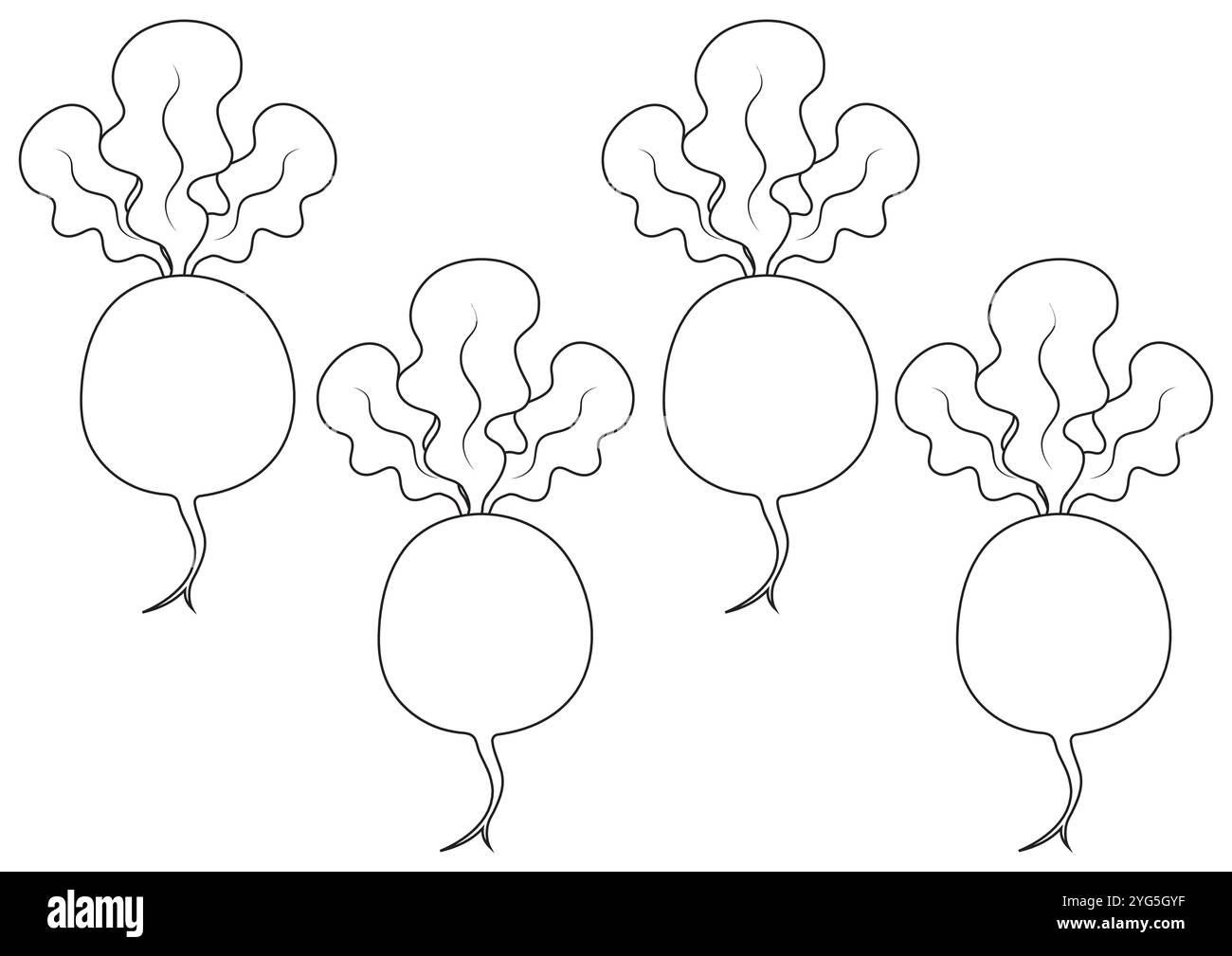 Set bianco e nero di design piatti vettoriali Radish, ideale per pagine da colorare, isolato su sfondo bianco Illustrazione Vettoriale