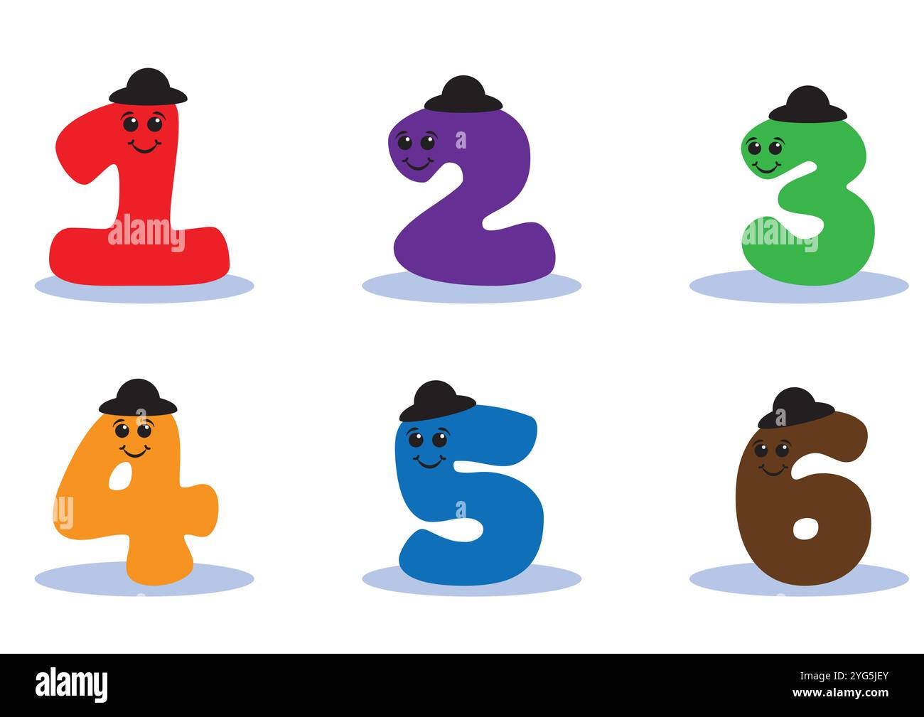 Numeri dei cartoni animati da uno a sei in colori diversi con occhi e design piatto vettoriale della bocca Illustrazione Vettoriale