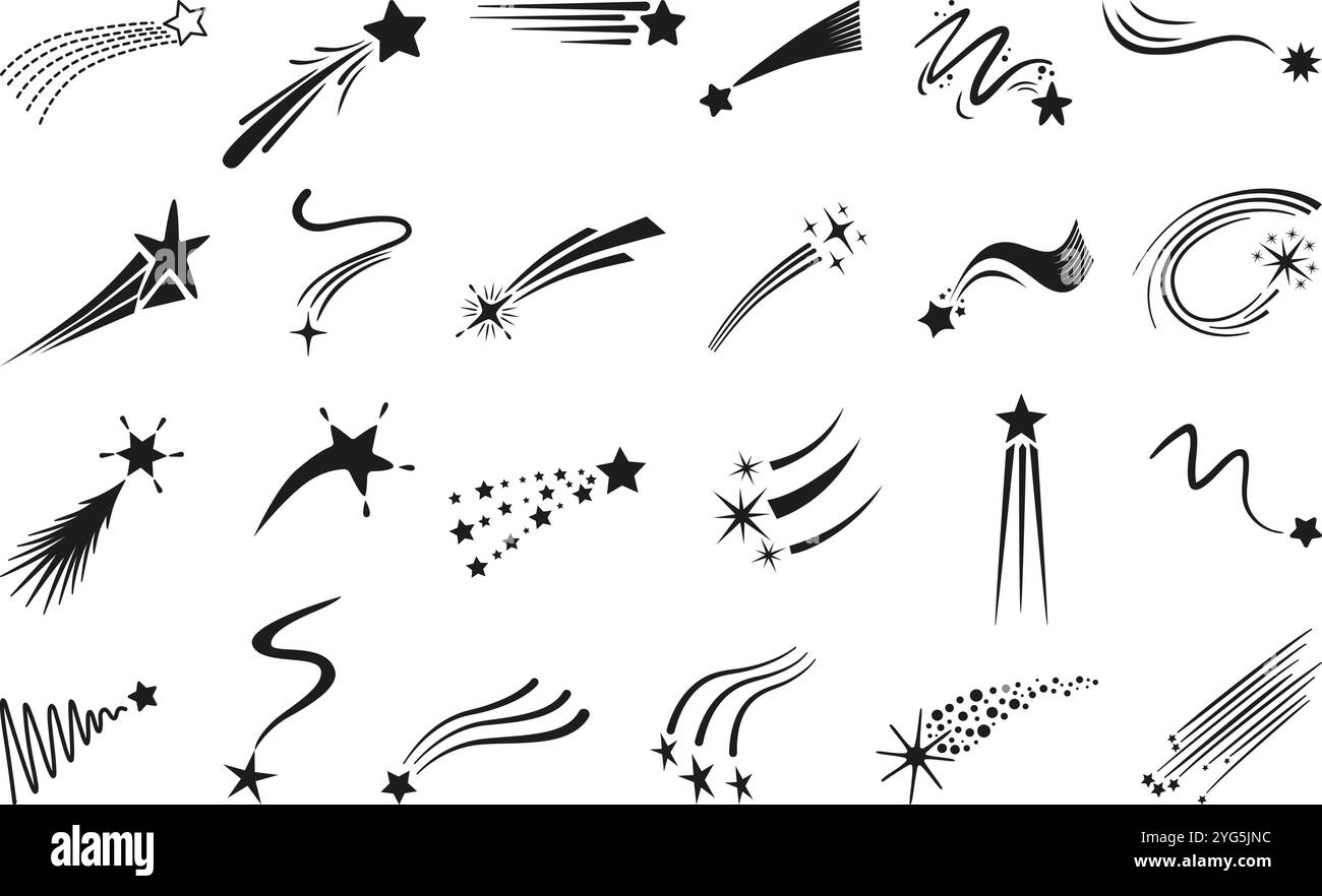 Silhouette nere Falling Stars. Icone delle stelle con code e sentieri. Comete volanti forme diverse, elementi galassici o dell'universo. Neoterico Starburst Illustrazione Vettoriale