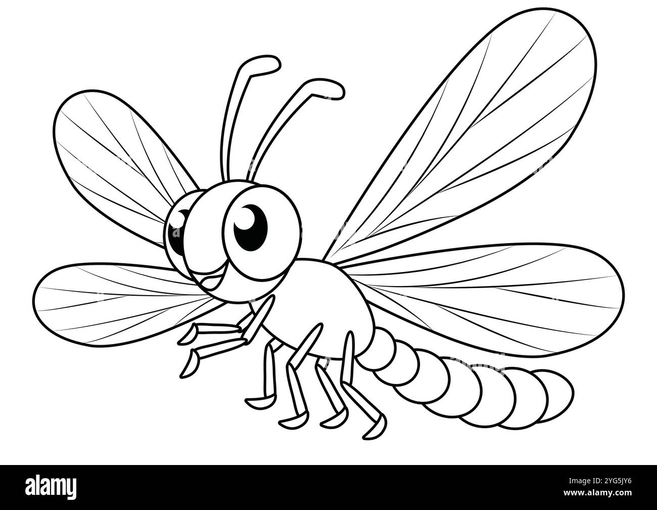 Design piatto Cartoon Dragonfly Vector bianco e nero. Pagine da colorare Illustrazione Vettoriale