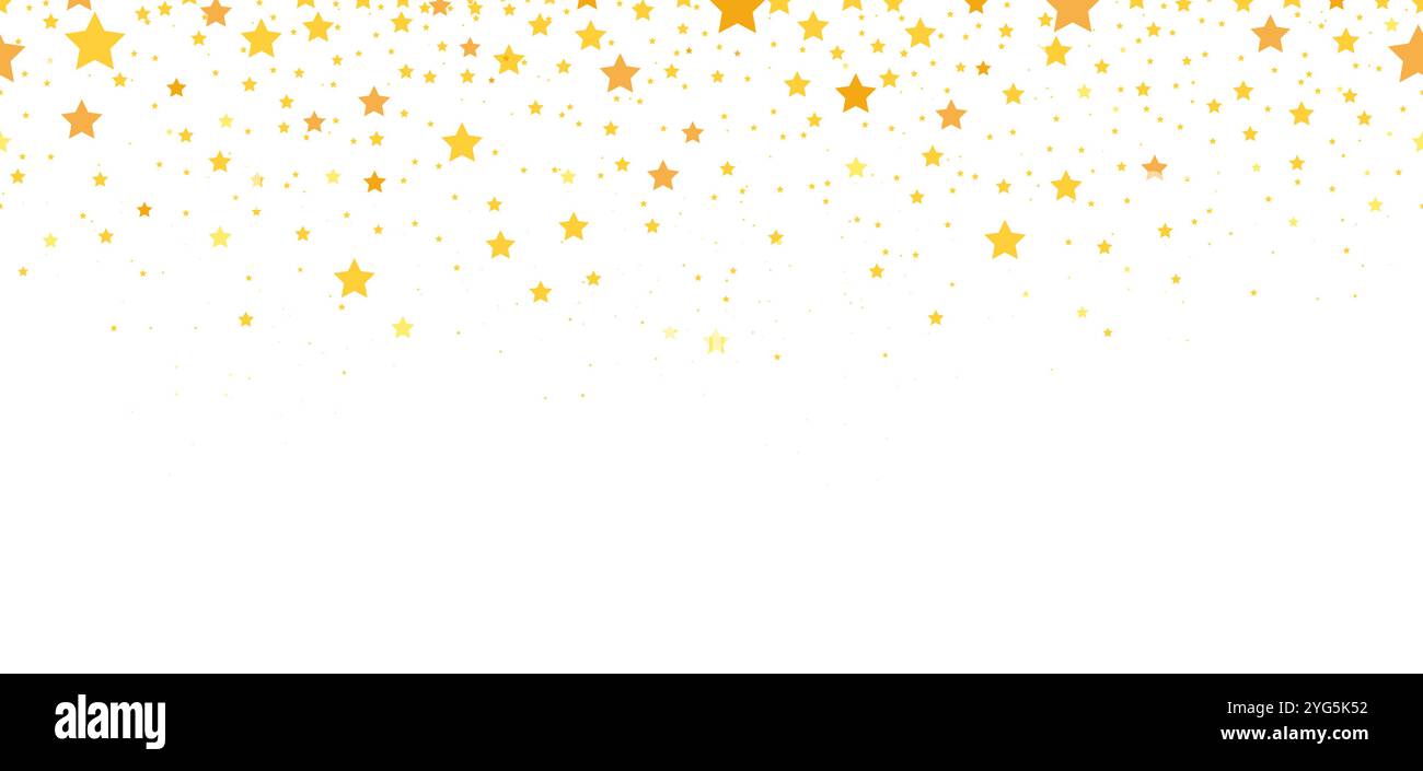 Stelle cadenti bordo senza cuciture. Riprese con stelle dorate di dimensioni diverse. Sfondo stellato scintillante, polvere di stelle e oro sparso brillano sul nero, neoterico Illustrazione Vettoriale
