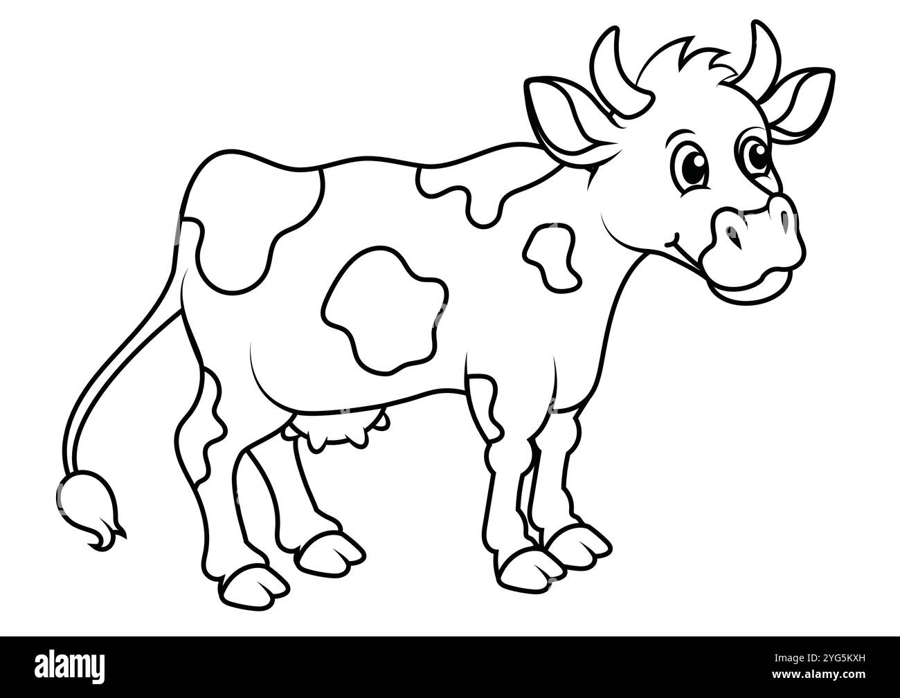 Bianco e nero Cartoon Cow Vector Design piatto. Pagine da colorare Illustrazione Vettoriale
