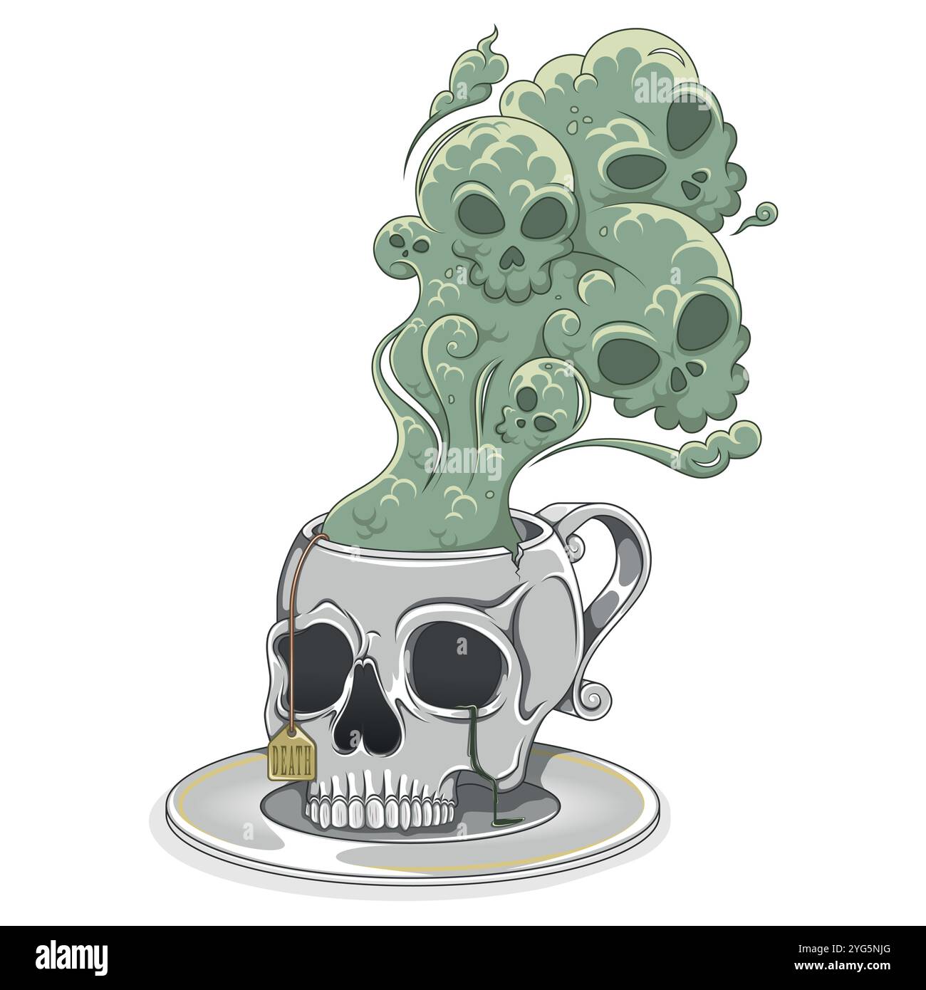 Tazza da tè in porcellana a forma di teschio umano, tazza da caffè a forma di teschio e il suo piattino, tazza demoniaca con fumo tossico della morte Illustrazione Vettoriale