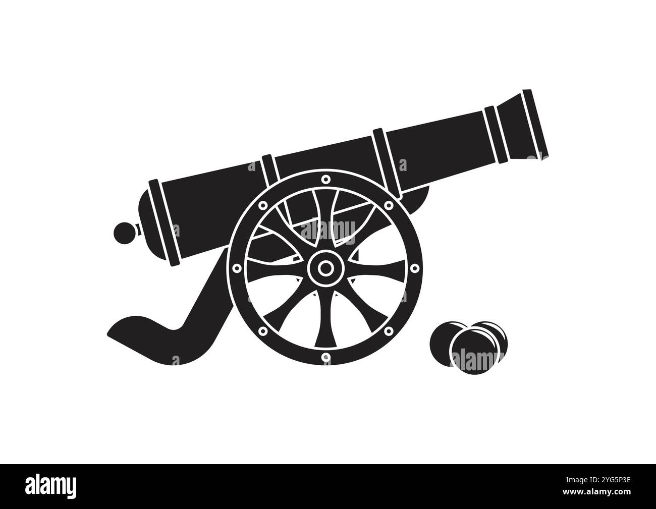 Sagoma di antico cannone pirata design piatto isolato su sfondo bianco Illustrazione Vettoriale