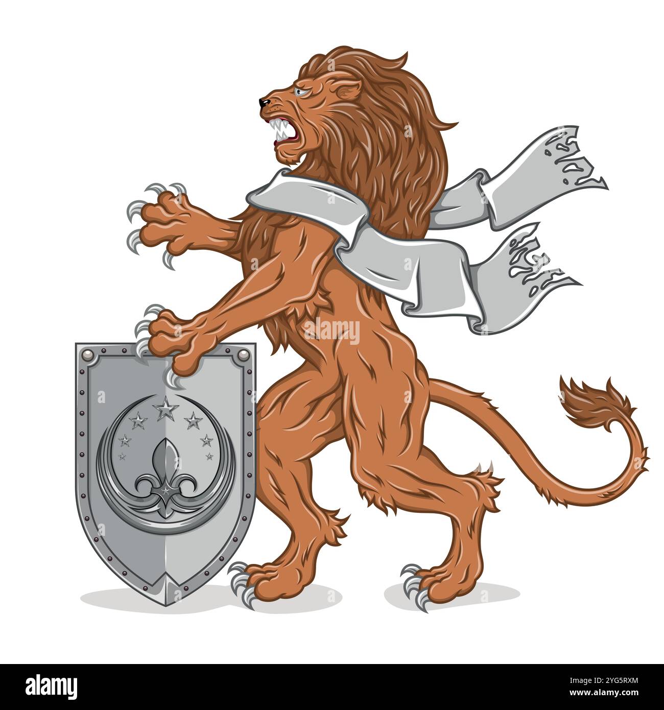 Leone dilagante con nastro e scudo dell'età medievale, felino araldico della famiglia reale europea Illustrazione Vettoriale