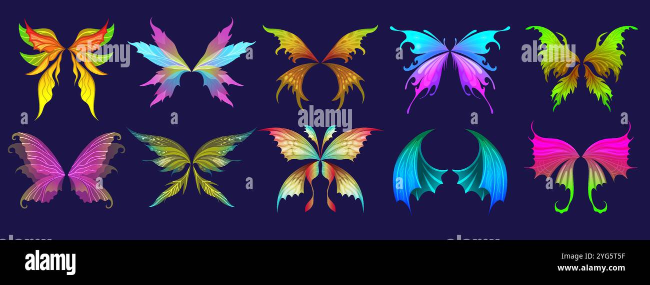 Ali di fata. Gli insetti Fantasy Birds o le ali delle farfalle abbinano i personaggi dei giochi vettoriali più recenti parti concettuali del corpo Illustrazione Vettoriale