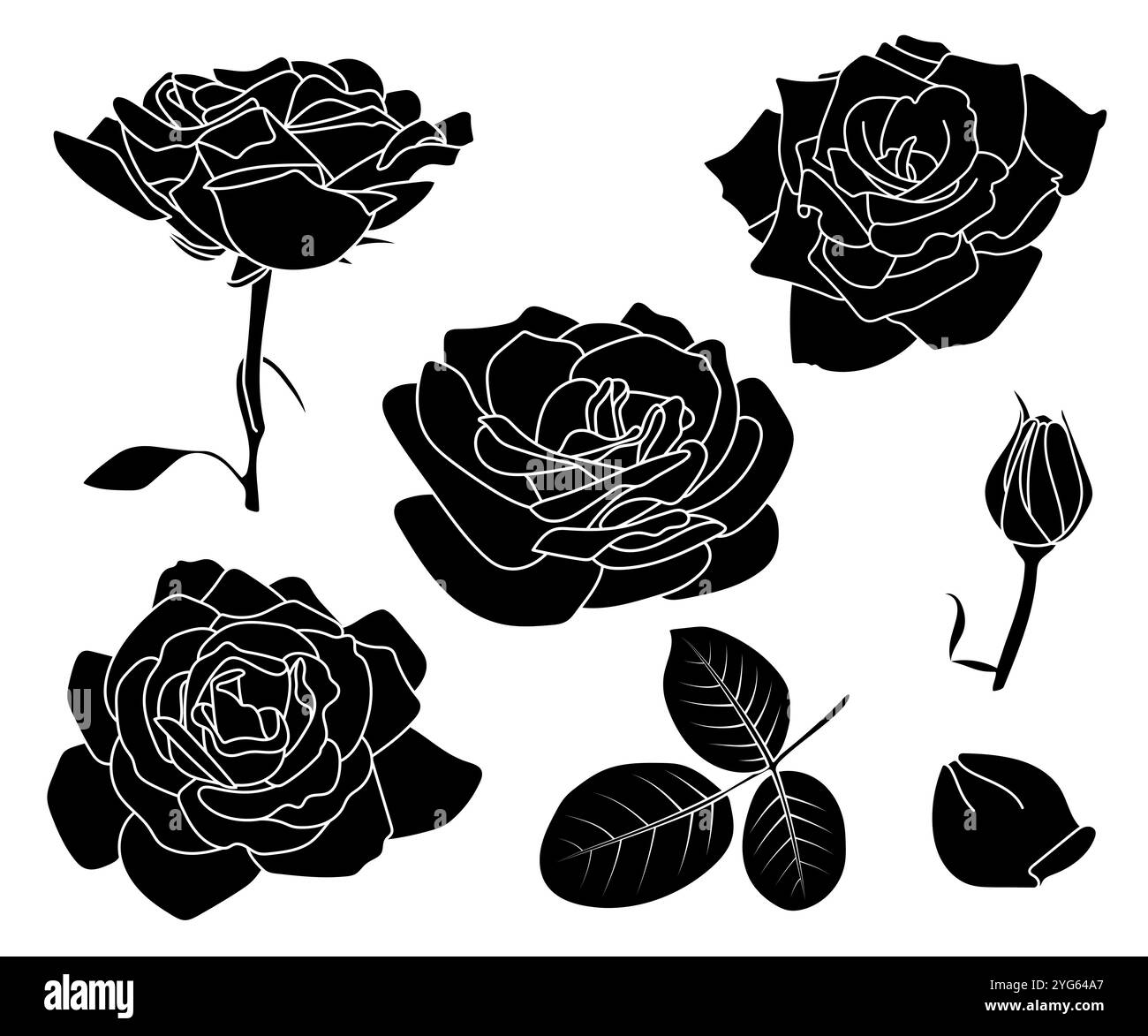 Set contorno nero Rose. Varie forme floreali, elementi di design. Illustrazione Vettoriale