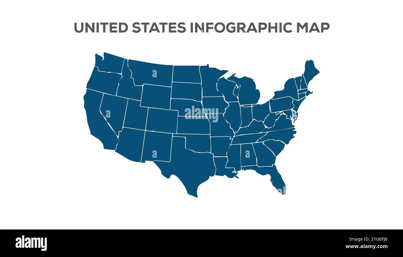 Mappa infografica degli Stati Uniti, mappa degli Stati Uniti ad altissima risoluzione, isolata su sfondo bianco. Infografica, Terra piatta, Mappa del mondo simile a Globe Illustrazione Vettoriale