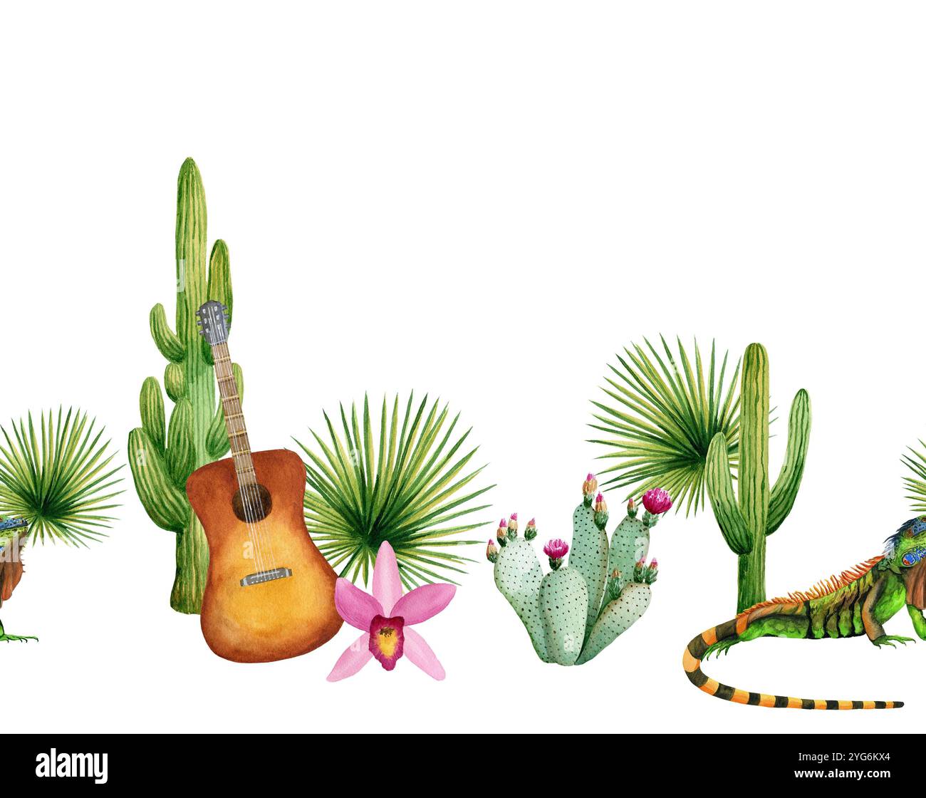 Confine messicano senza cuciture, composizione con chitarra, cactus, orchidea, iguana, palmo washingtonia. Illustrazione acquerello, composizione isolata su ba bianca Foto Stock