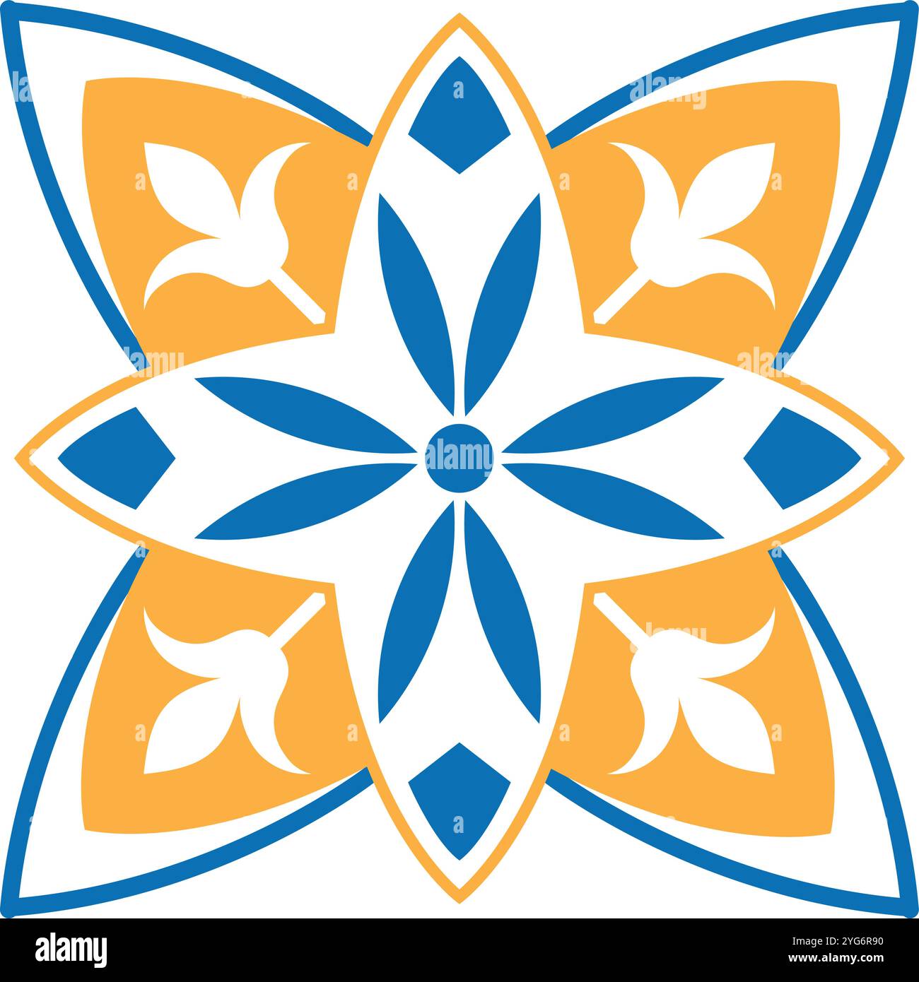 Motivo a stella floreale blu e arancione, uno straordinario design decorativo delle piastrelle per pareti, tessuti e sfondi digitali Illustrazione Vettoriale