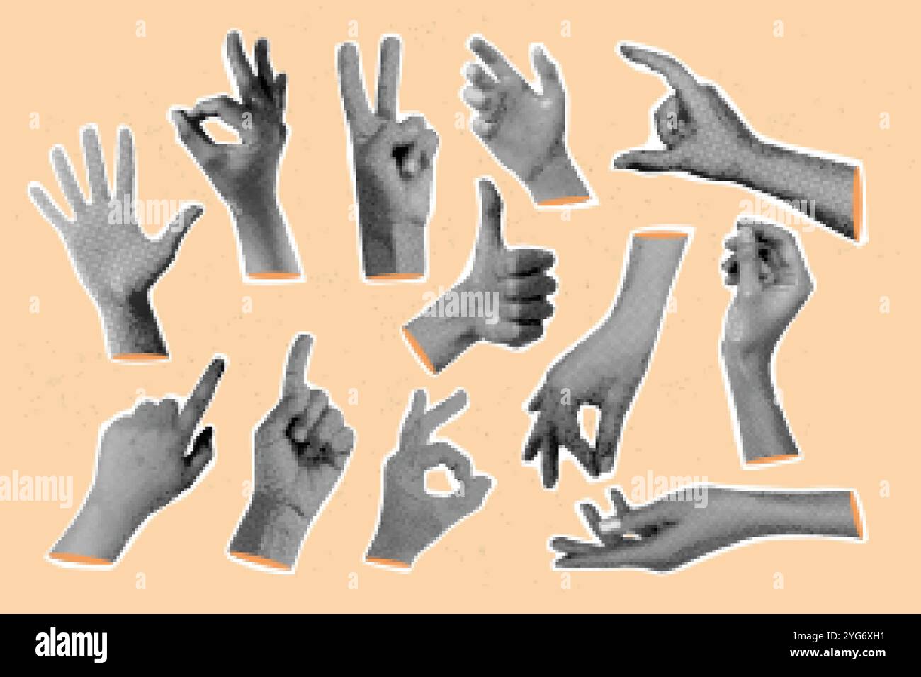 Mani realistiche con mezzitoni. Gesti delle mani collage vintage in poster retrò punk grunge vecchi ritagli di giornale, braccio ribelle palmo, dot art ritagliati con le dita, illustrazione vettoriale esatta, grafica originale Illustrazione Vettoriale