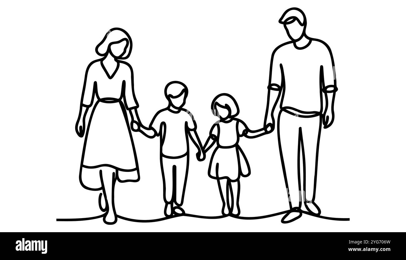 famiglia felice che tiene per mano una linea singola arte continua. Illustrazione Vettoriale