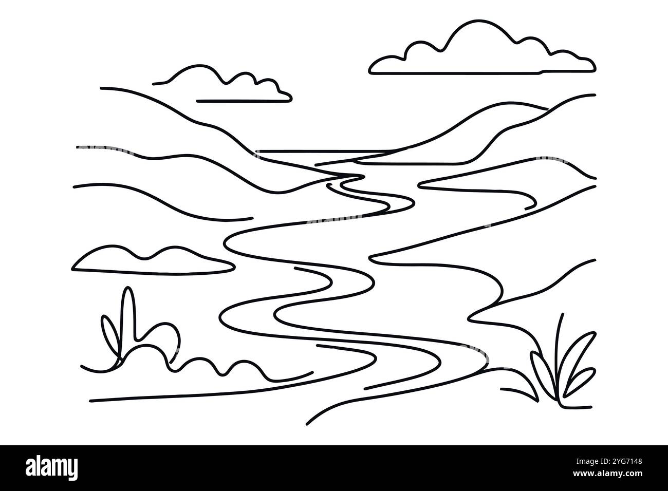 Orizzontale. Lago di montagna. Alte montagne. Lago forestale in roccia. Orizzontale. Una linea continua. Lineare. Tracciata una linea continua su sfondo bianco Illustrazione Vettoriale