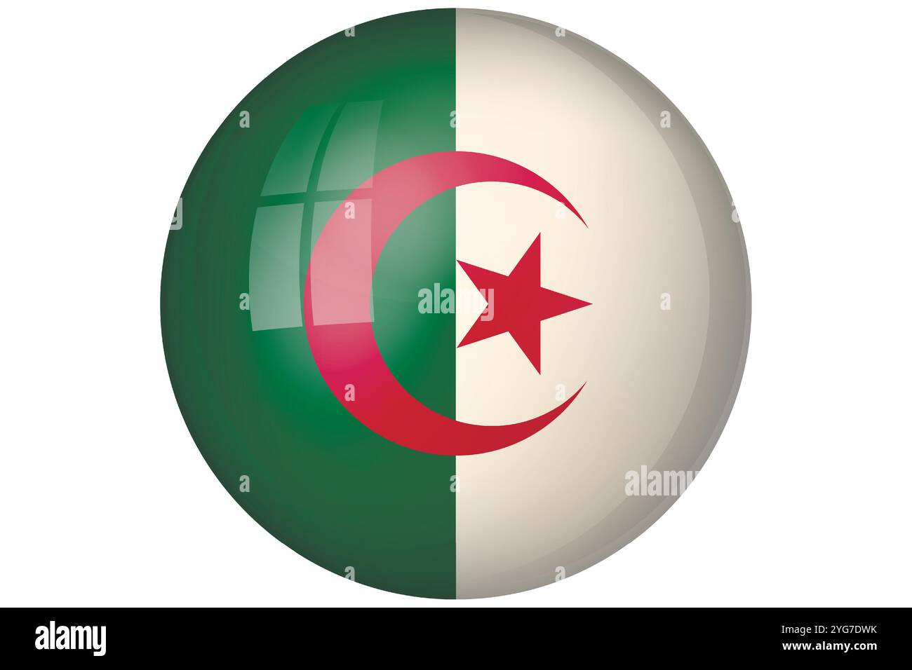 Bandiera dell'Algeria. Simbolo nazionale algerino nei colori ufficiali. Icona modello. Sfondo vettore astratto. Sfera di luce rotonda in vetro, bolla 3D grande, sfera Illustrazione Vettoriale