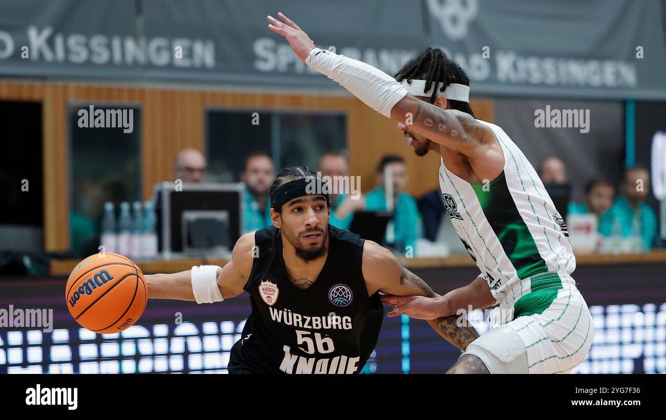 Wuerzburg, Germania. 6 novembre 2024. Im Bild: V.l. Jhivvan Jackson (Wuerzburg Baskets, 56) e Ahmad Caver (Nanterre 92, 7), 06.11.2024, Basketball Champions League, FIT One Wuerzburg Baskets - Nanterre 92, GER, Wuerzburg, tectake Arena. Credito: dpa/Alamy Live News Foto Stock