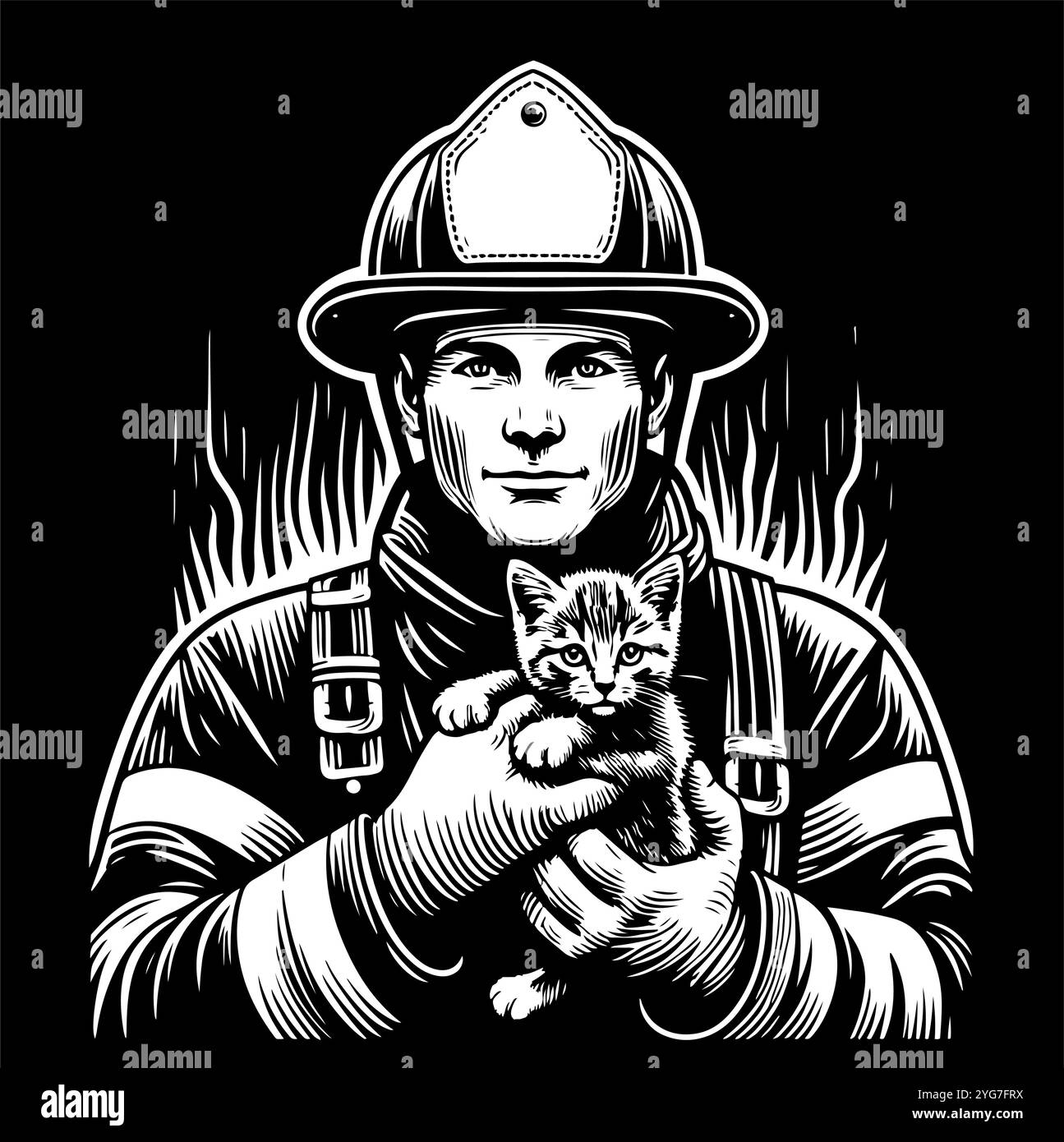 Un vigile del fuoco tiene in mano un gattino salvato. Illustrazione Vettoriale