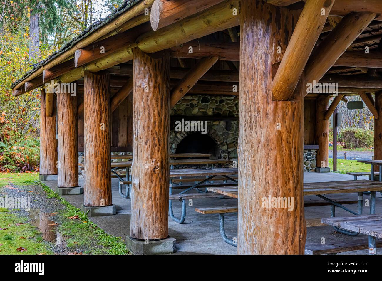 Riparo per picnic rustico con travi in legno pesante costruito negli anni '1950 nello Schafer State Park, nello stato di Washington, Stati Uniti Foto Stock
