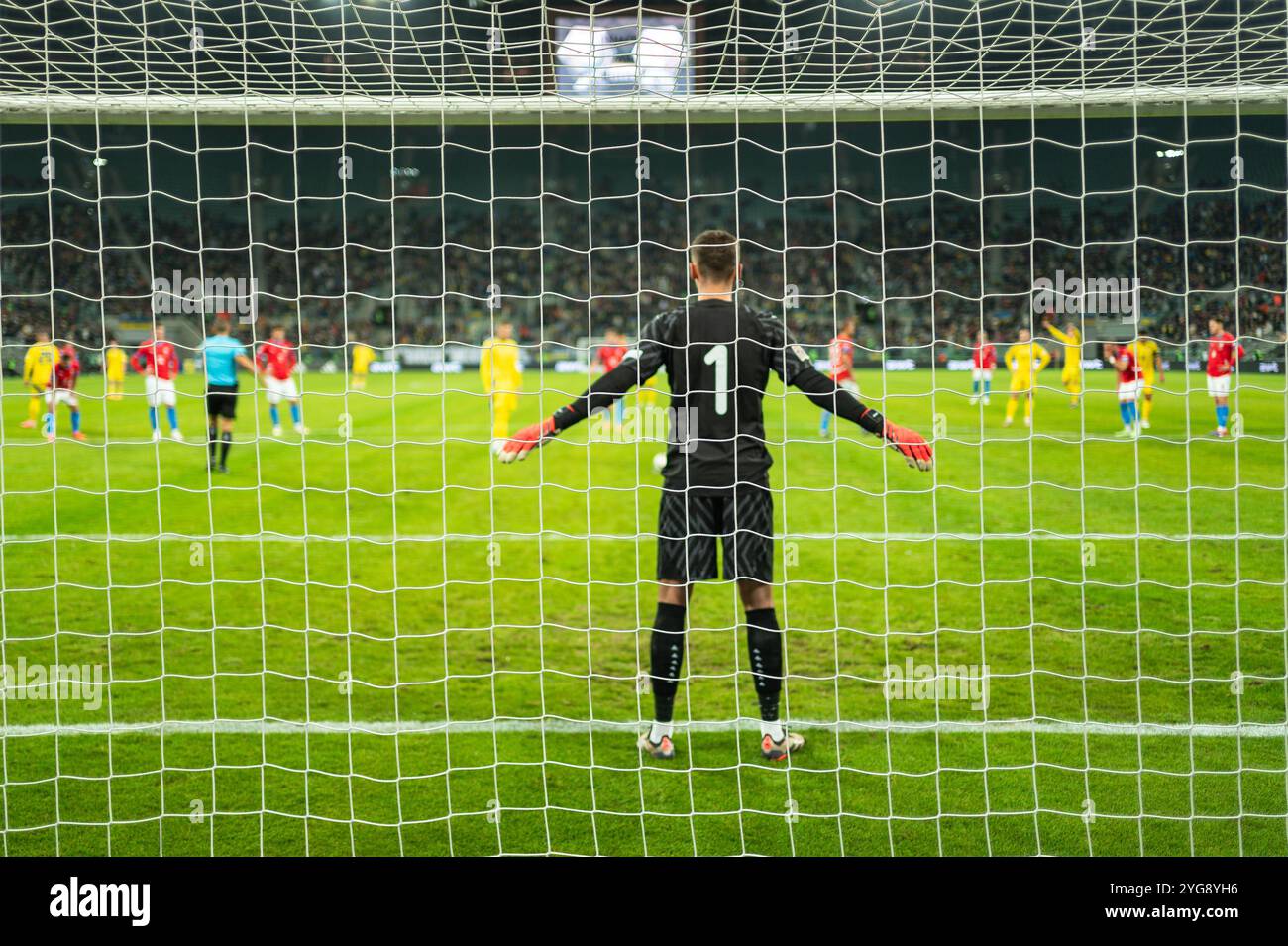 Netto nel calcio obiettivo punizione sparatoria in background. Foto Stock Netto nel calcio obiettivo punizione sparatoria in background. Foto Stock