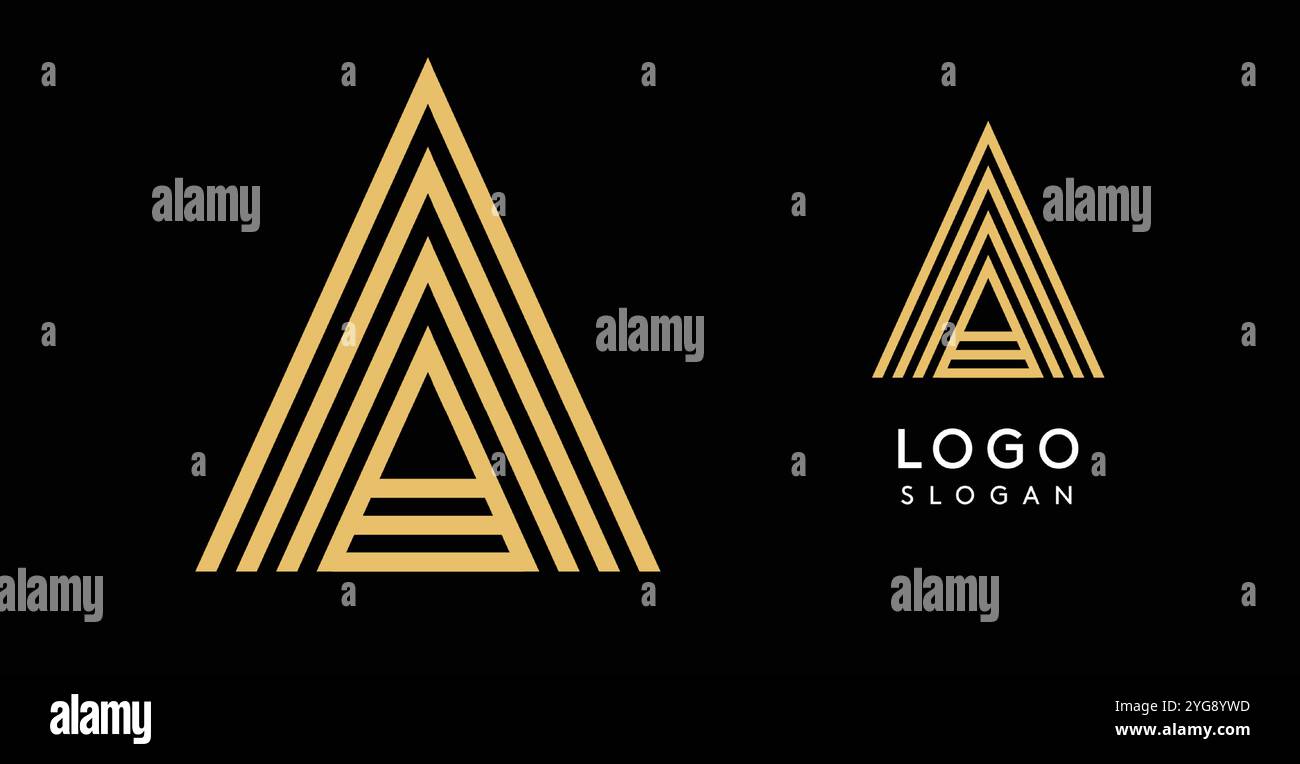 Modello minimalista con logo a triangolo dorato, linee concentriche che creano un'icona geometrica. Modernità, eleganza, emblema di lusso per un marchio di fascia alta Illustrazione Vettoriale