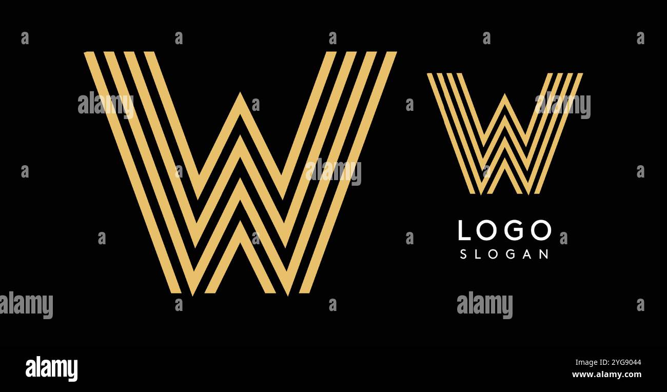Lettera W geometrica dorata realizzata con linee parallele che creano un design audace e moderno su sfondo nero. Evoca lusso, eleganza e raffinatezza Illustrazione Vettoriale
