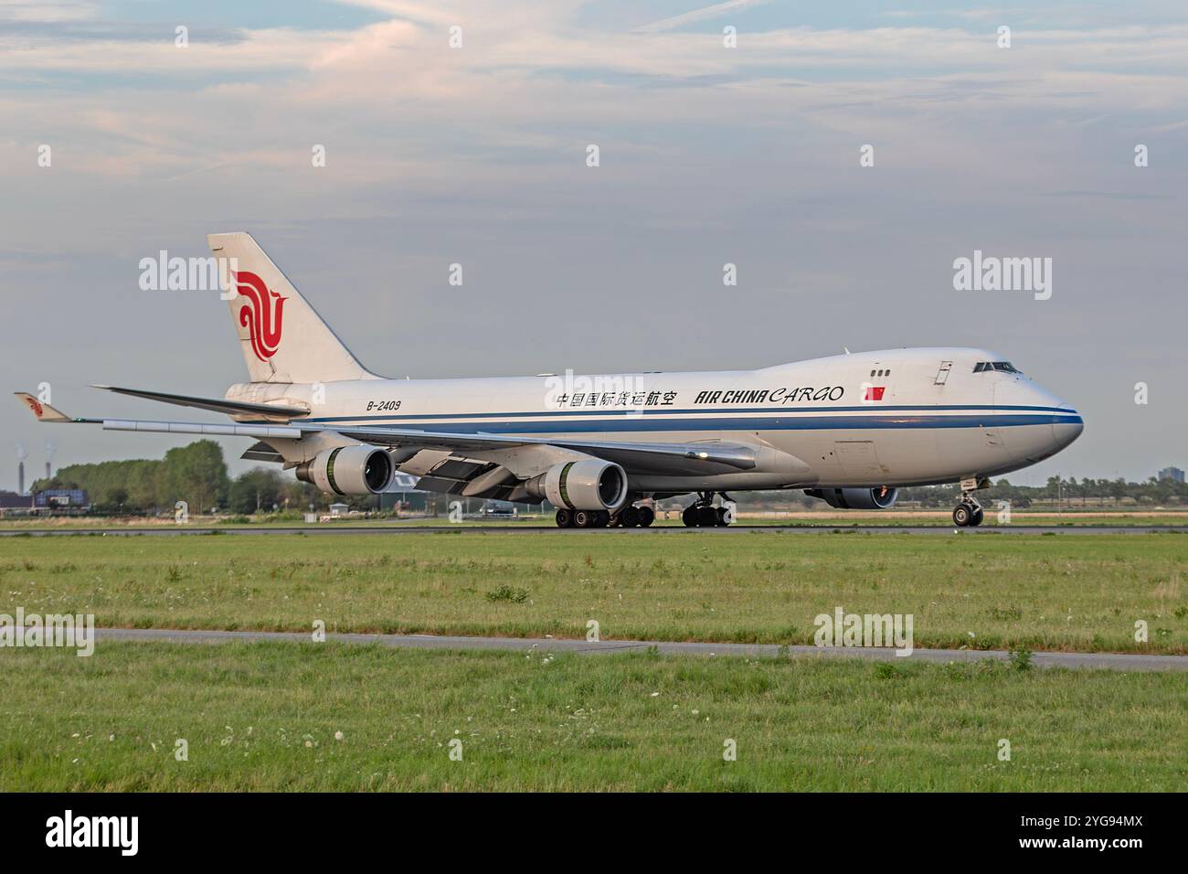 Boeing 747 Queen of the Skies Air China Cargo atterra all'aeroporto Schipol di Amsterdam, Polderbaan, Paesi Bassi lunedì 10 luglio 2023 Foto Stock