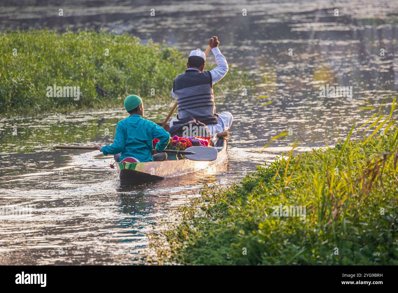 Rainawari, Srinagar, Jammu e Kashmir, India. Padre e figlio consegnano fiori al mercato in una tradizionale barca shikara presso il lago dal. Foto Stock