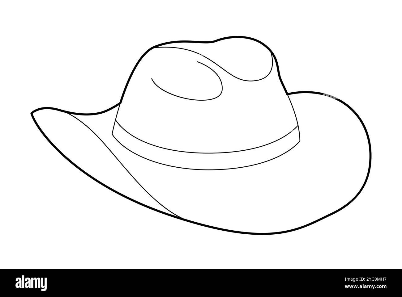 Cappello da cowboy con fascia. Cappellino accessorio Head Fashion con illustrazione tecnica dell'abbigliamento a bordo largo. Copricapo vettoriale per uomo, donna, stile unisex, modello piatto CAD mockup contorno di schizzo isolato Illustrazione Vettoriale