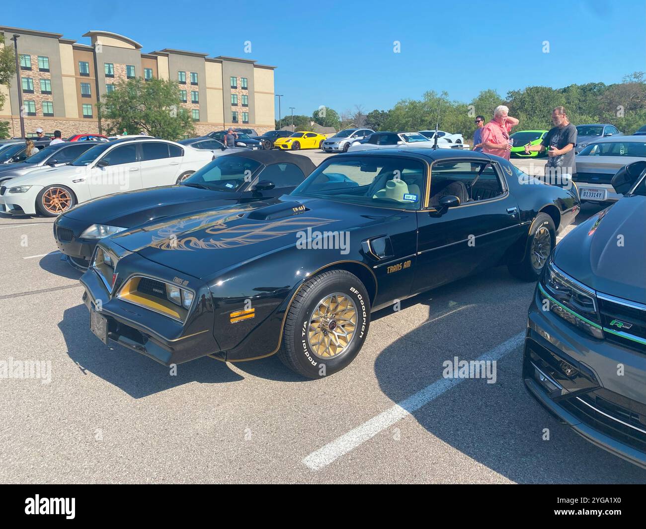 L'immagine mostra una splendida Pontiac Trans AM nera con accenti dorati in una mostra di automobili, circondata da altre auto d'epoca e appassionati che si godono il sole - Immagine stock catturata con smartphone