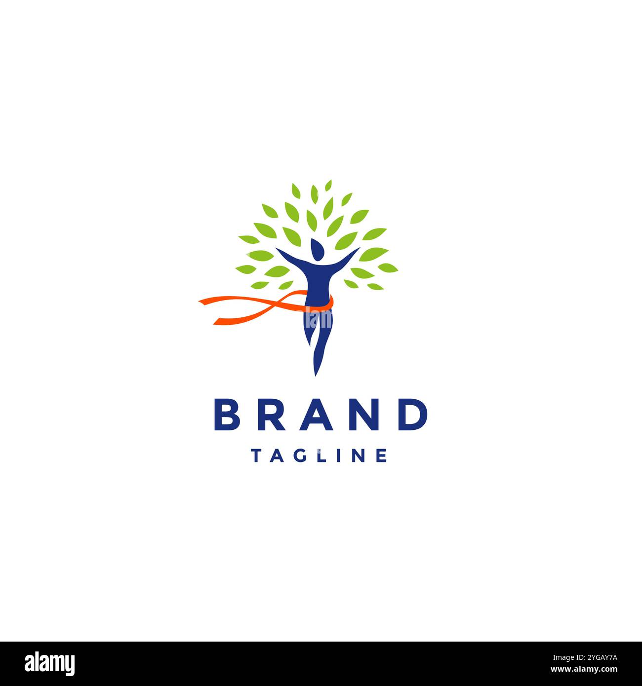 Design del logo del nastro a lamina delle persone. Silhouette umana con foglie e nastri intorno al design del logo del corpo. Illustrazione Vettoriale