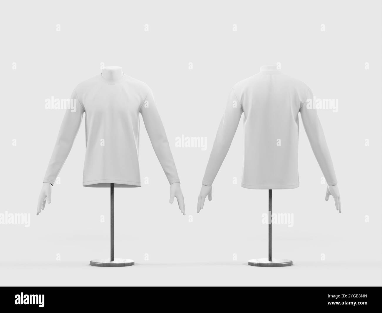 Vista anteriore e posteriore della camicia a manica lunga bianca con rendering Mockup 3D. Foto Stock