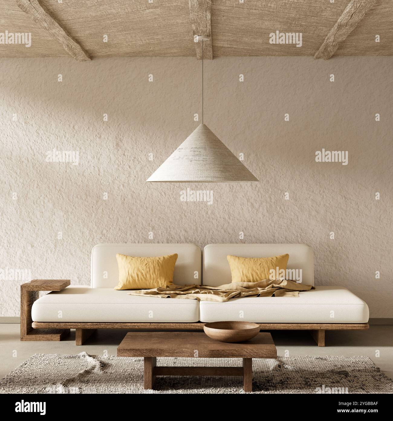 Interni beige bianchi contemporanei con arredi in legno. Salotto beige in stile boho con elementi di design naturali. Illustrazione 3D. Foto Stock